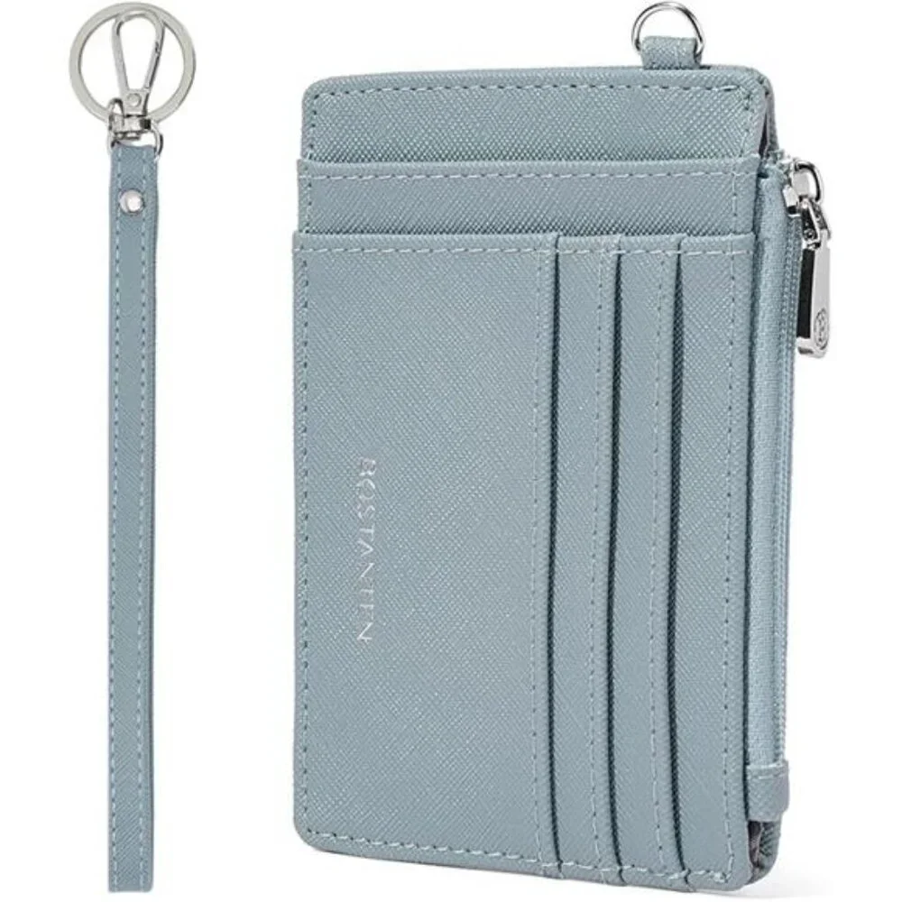 RFID Leather Wallet for Women Slim Card Holder with Zipper Keychain